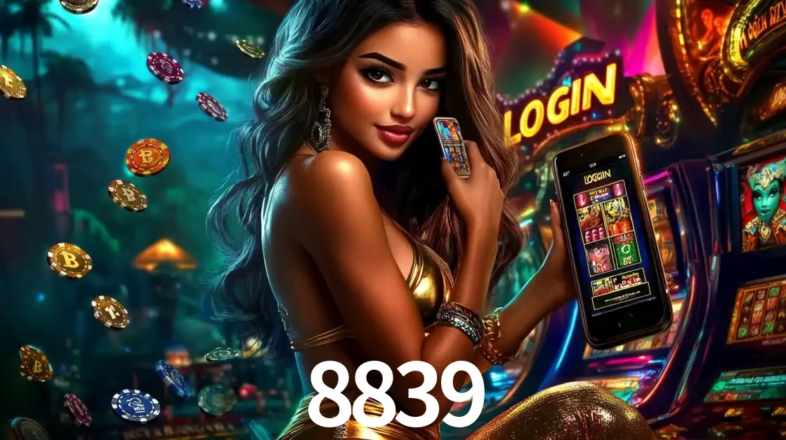 Mulher em um cenário de cassino temático de aventura, mostrando o app de caça-níqueis da 8839 no celular. Fichas de apostas flutuam ao redor.